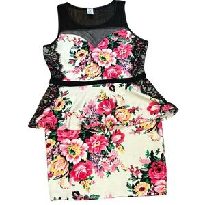 Floral lace peplum 80s dress sweetheart neckline mesh top, whimsigoth sleeveless